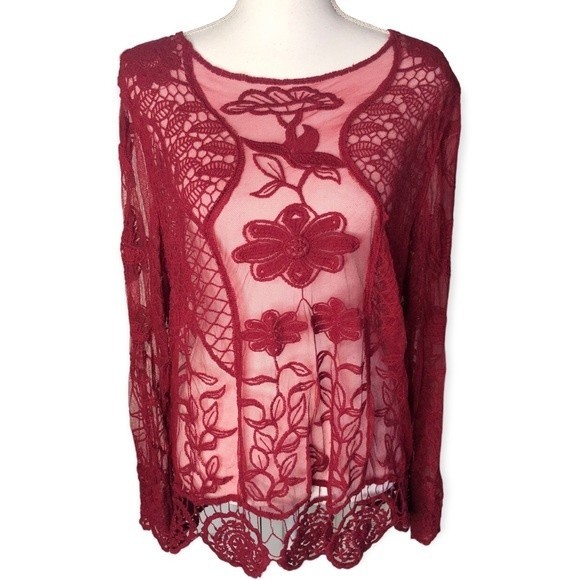 Blair Red Mesh Floral Embroidered Long Sleeve Boho Blouse - Picture 1 of 5